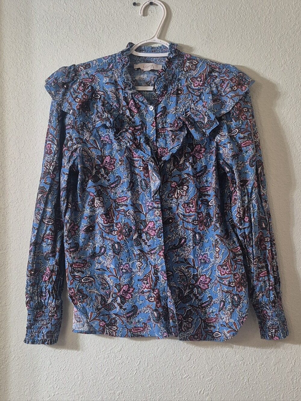 LOFT Blue Floral Ruffle Button-Front Blouse with Pink Accents